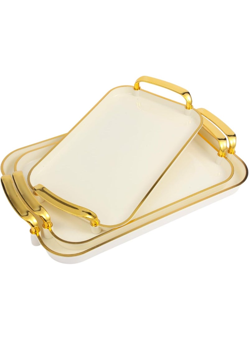 3 Rectangular Serving Tray with Handles Set of  Large Serving Platters 14.5/16.7/18.3 Inch White Plates for Dinner, Party, Entertaining, Cream Gold - Image 1